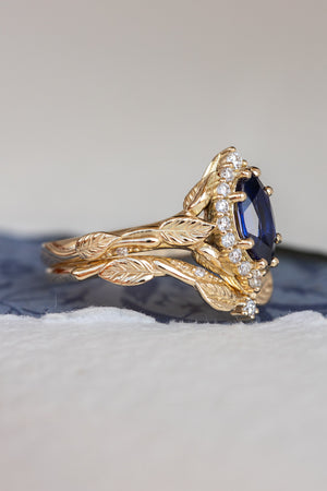 Dark blue lab sapphire engagement ring, gold proposal ring with marquise cut gemstone and diamond halo / Florentina - Eden Garden Jewelry™