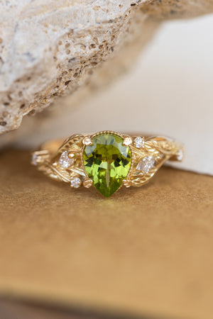 Natural peridot engagement ring, gold vines and leaves ring with accent diamonds  / Patricia - Eden Garden Jewelry™