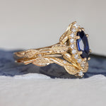 Marquise cut sapphire engagement ring set, nature inspired bridal ring set with diamond halo / Florentina - Eden Garden Jewelry™