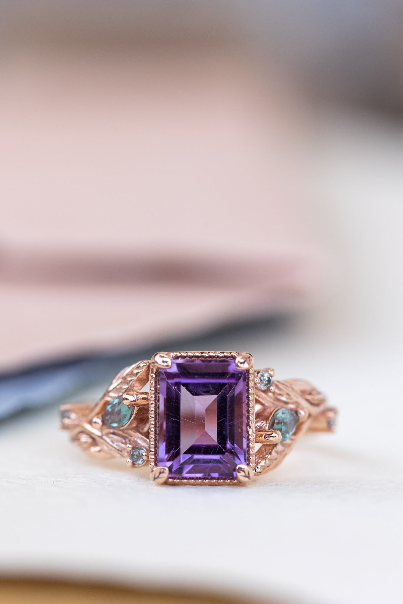 READY TO SHIP: Patricia ring in 14K rose gold, natural amethyst emerald cut 8x6 mm, accents lab alexandrites and natural salt and pepper diamonds, AVAILABLE RING SIZES: 6-8US - Eden Garden Jewelry™