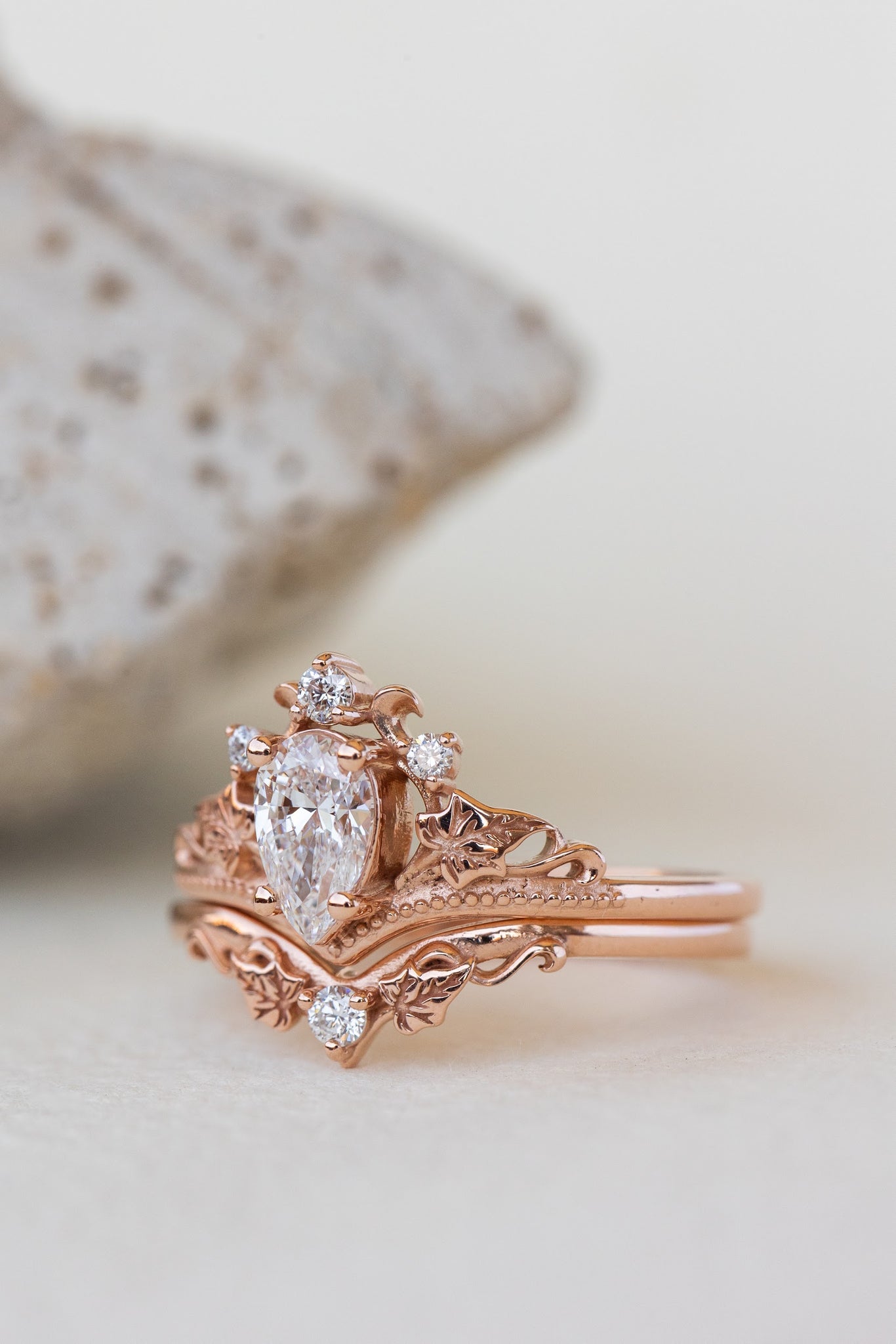 READY TO SHIP: Ariadne bridal set in 14K or 18K rose gold, pear cut lab grown diamond 7x5 mm, accents lab grown diamonds, RING SIZE: 7 US