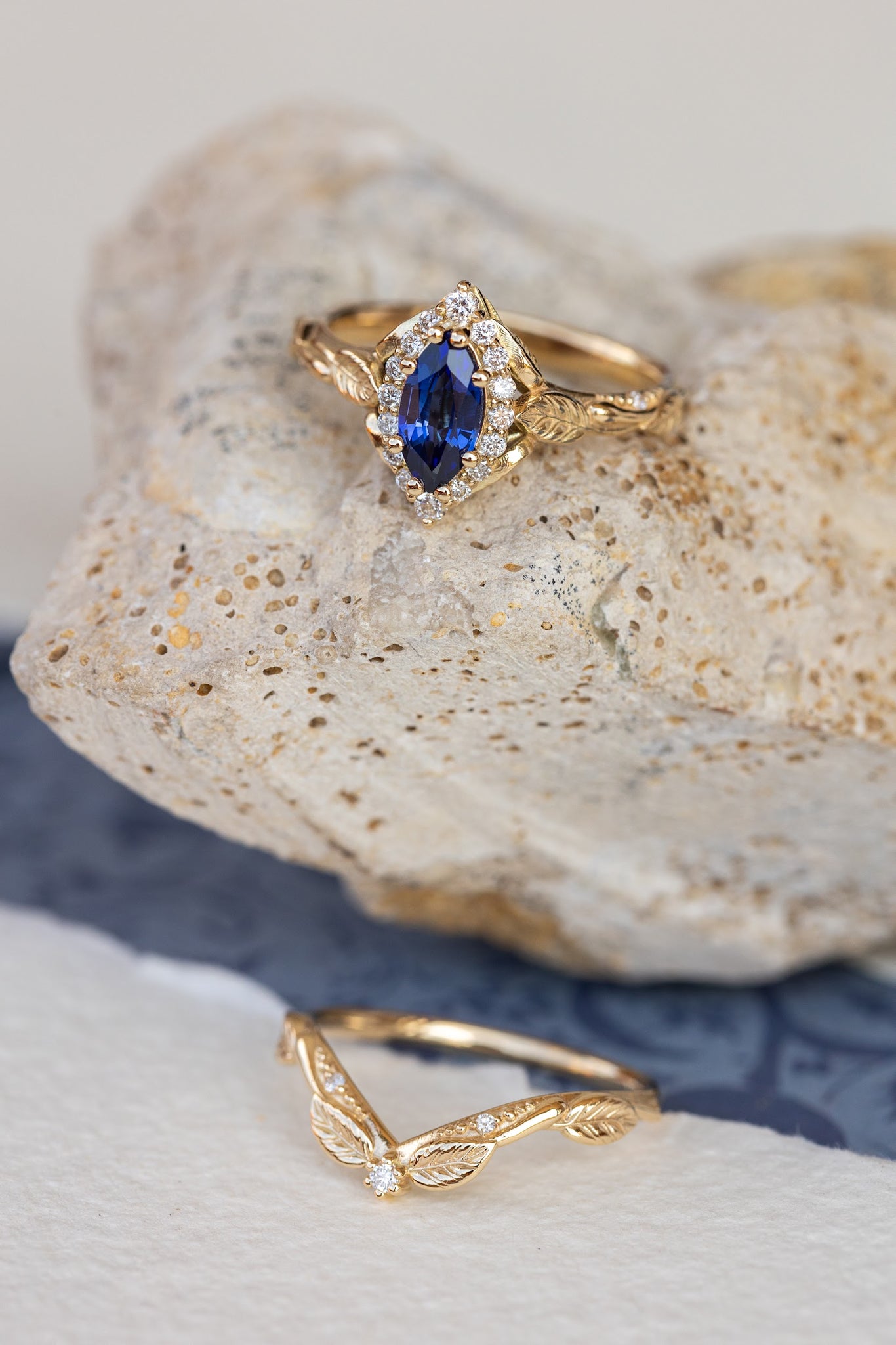 Dark blue lab sapphire engagement ring, gold proposal ring with marquise cut gemstone and diamond halo / Florentina - Eden Garden Jewelry™