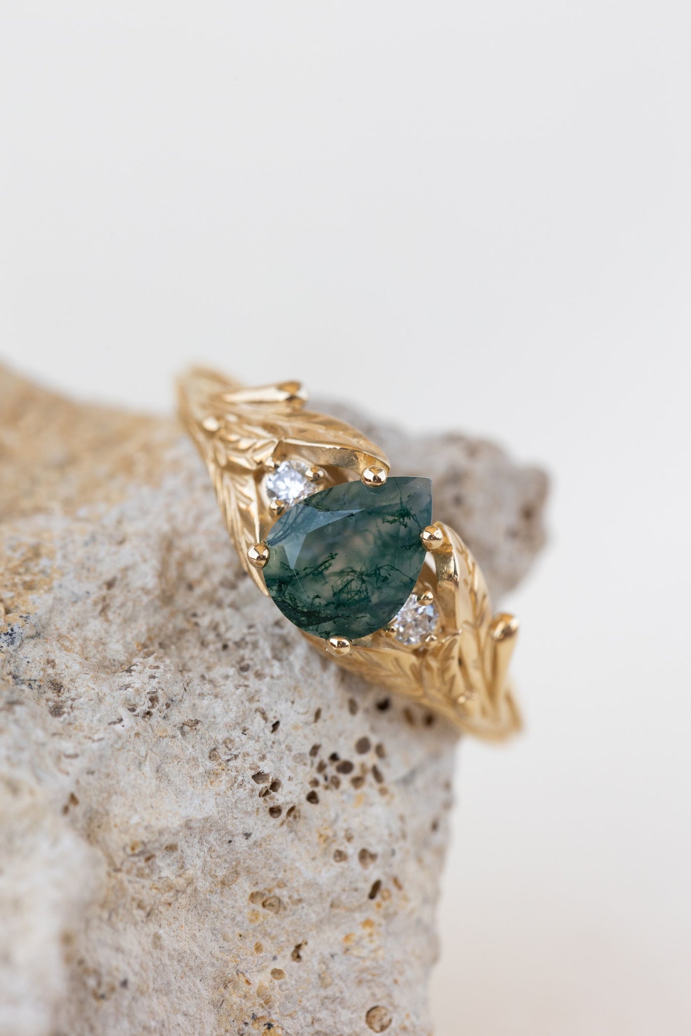 READY TO SHIP: Wisteria ring in 14K or 18K yellow gold, pear moss agate, accents lab grown diamonds, RING SIZE: 7.25 US