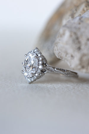 Oval lab grown diamond engagement ring, white gold leaf ring with diamond halo / Florentina - Eden Garden Jewelry™