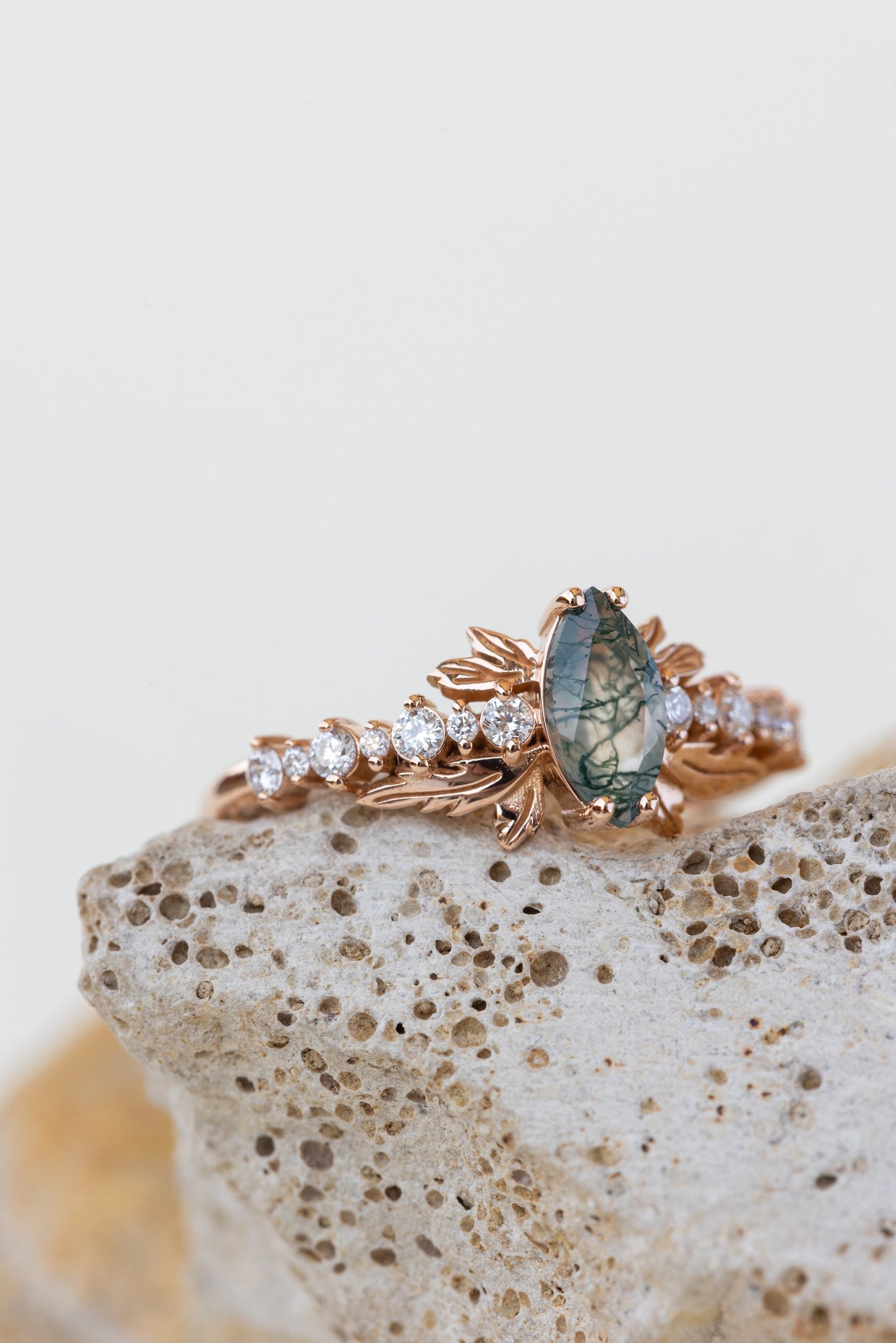 Marquise cut moss agate engagement ring, nature inspired gold leaf ring / Verbena