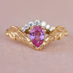 Genuine pink sapphire engagement ring set, gold palm leaves bridal ring set / Palmira Crown - Eden Garden Jewelry™