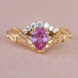 Genuine pink sapphire engagement ring set, gold palm leaves bridal ring set / Palmira Crown - Eden Garden Jewelry™