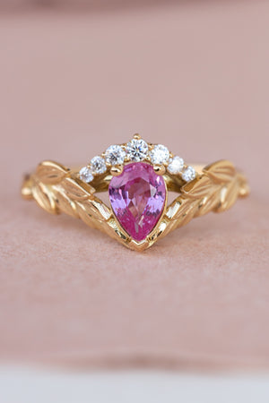 Genuine pink sapphire engagement ring set, gold palm leaves bridal ring set / Palmira Crown - Eden Garden Jewelry™