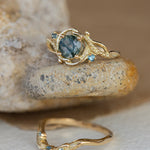 1 carat moss agate and accent teal sapphires engagement ring set, nature inspired bridal ring set / Undina - Eden Garden Jewelry™