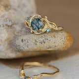 1 carat moss agate and accent teal sapphires engagement ring set, nature inspired bridal ring set / Undina - Eden Garden Jewelry™