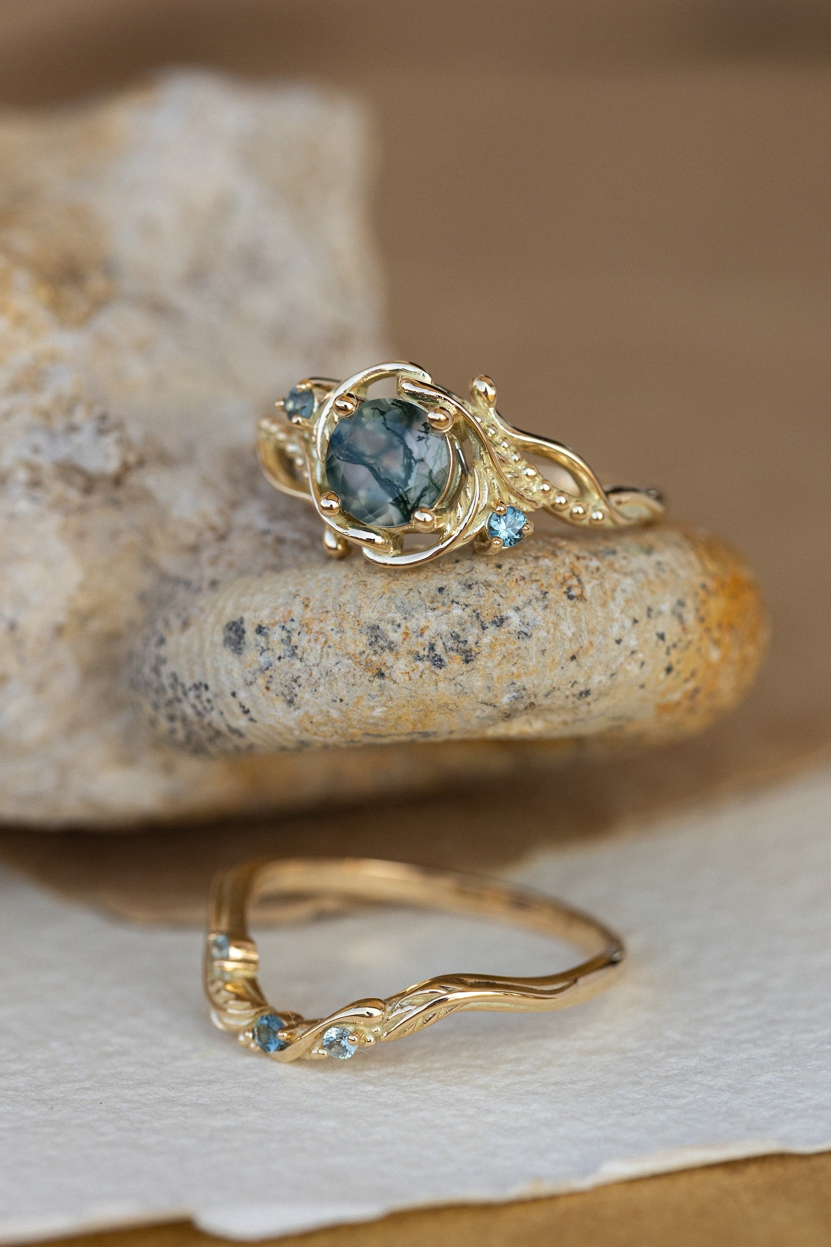 1 carat moss agate and accent teal sapphires engagement ring set, nature inspired bridal ring set / Undina - Eden Garden Jewelry™