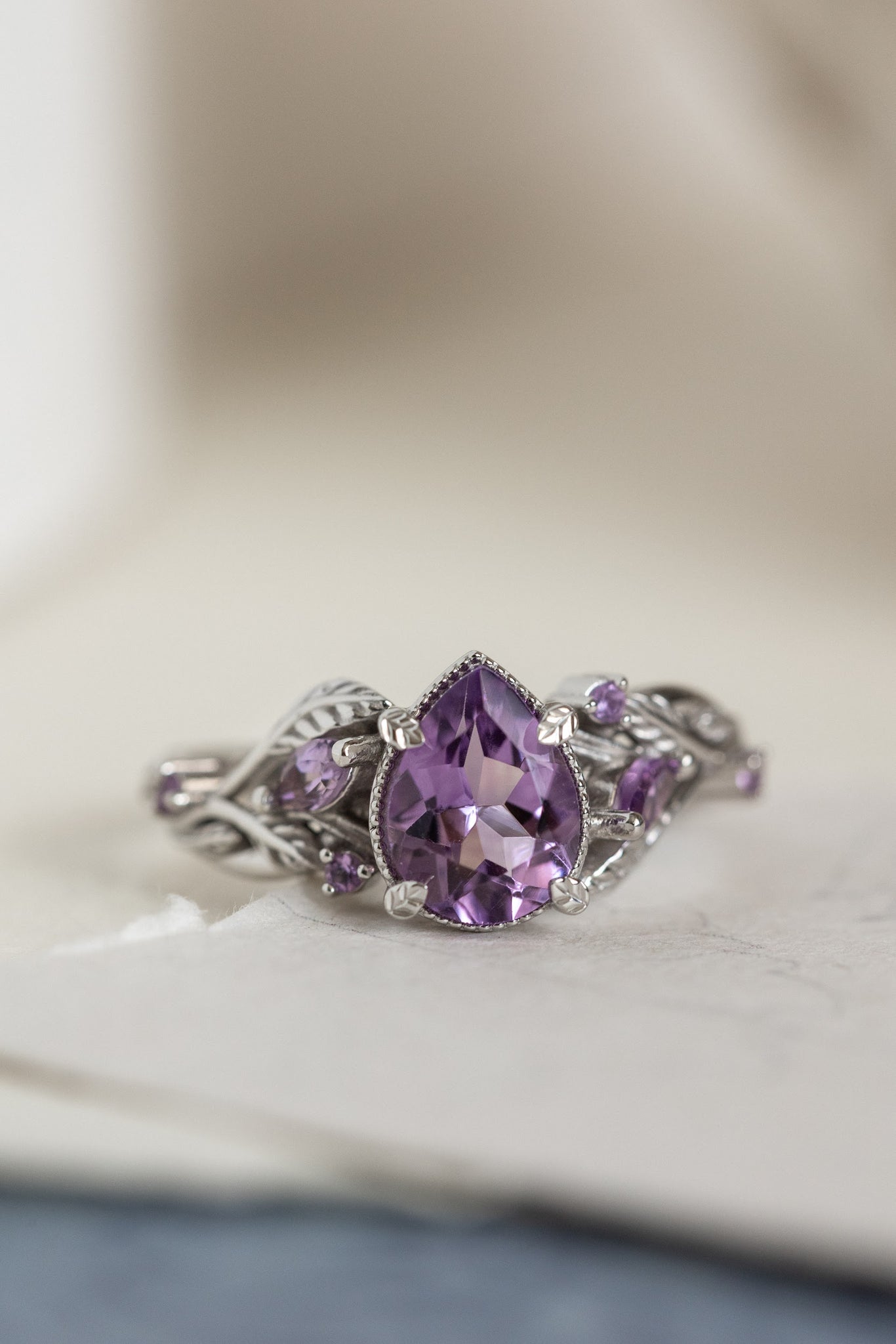 Patricia ring in 14K white gold, natural amethyst pear cut 8x6 mm, accent amethysts - Eden Garden Jewelry™