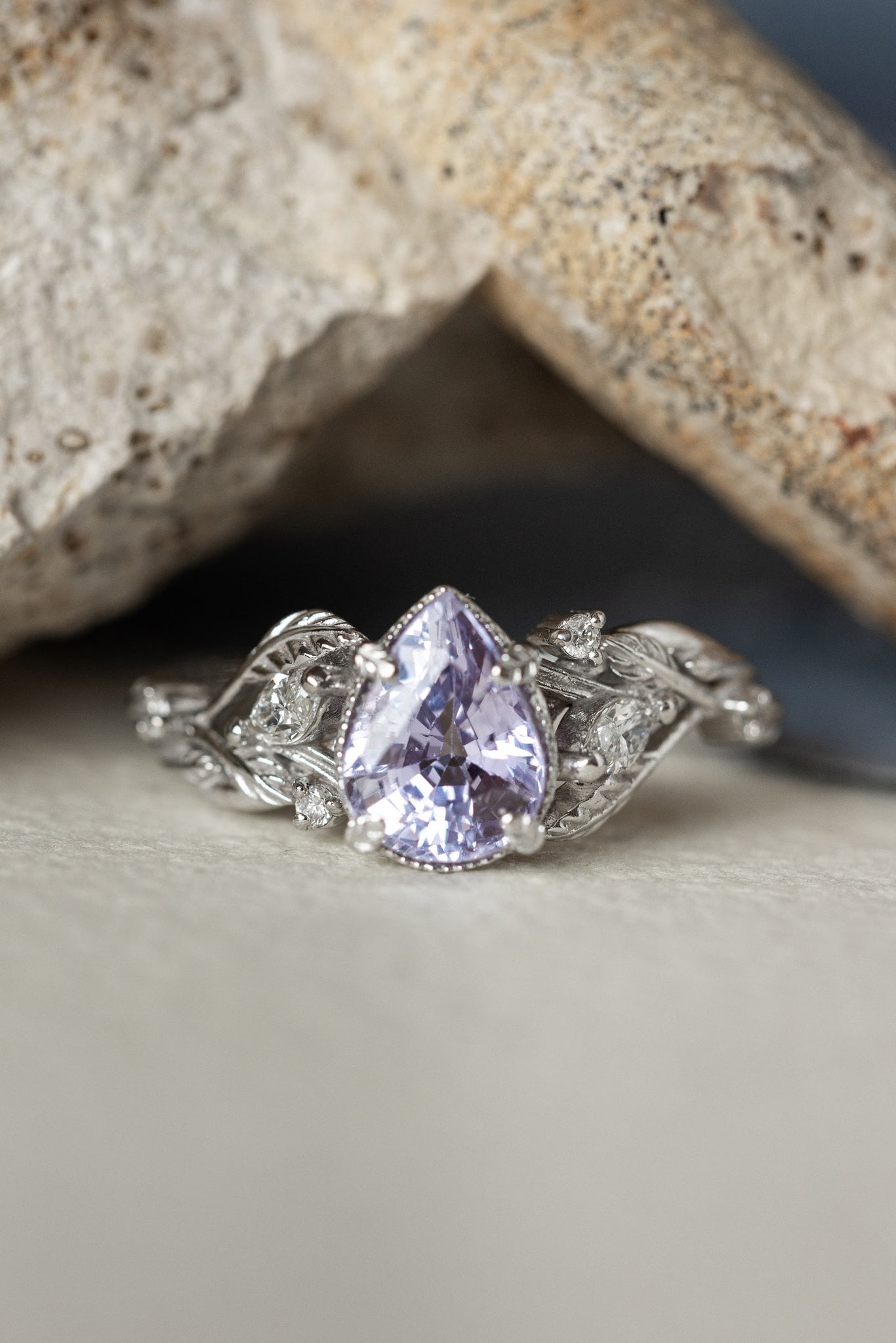 White gold engagement ring with lavender sapphire, nature inspired engagement ring with pear gemstone / Patricia - Eden Garden Jewelry™