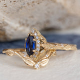 Marquise cut sapphire engagement ring set, nature inspired bridal ring set with diamond halo / Florentina - Eden Garden Jewelry™