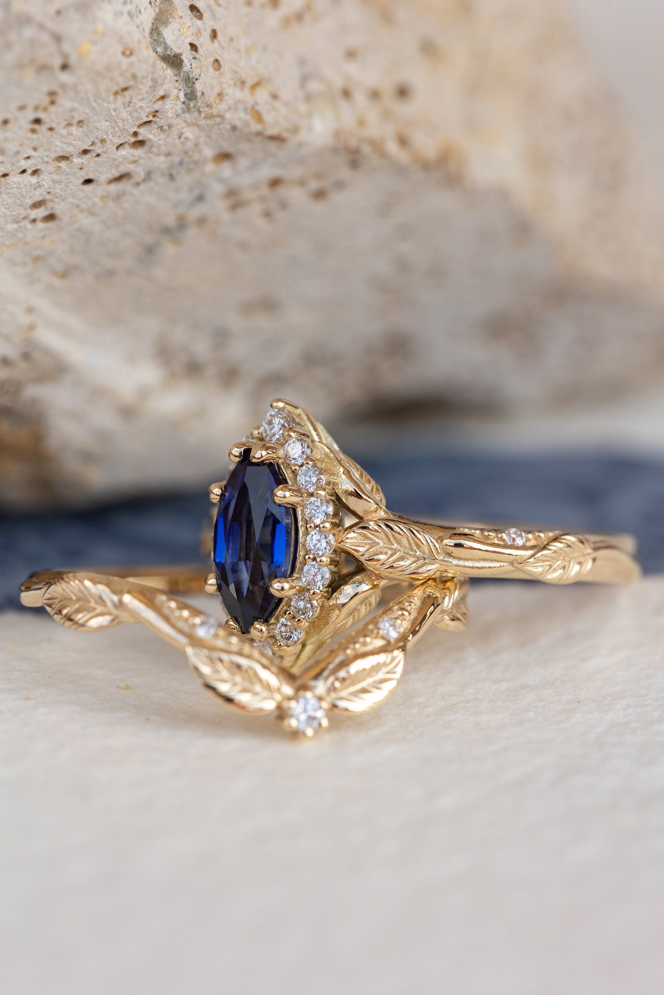 Marquise cut sapphire engagement ring set, nature inspired bridal ring set with diamond halo / Florentina - Eden Garden Jewelry™