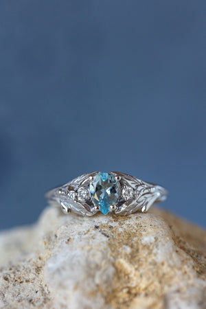 Natural aquamarine engagement ring, white gold leaf ring with accent diamonds / Wisteria - Eden Garden Jewelry™