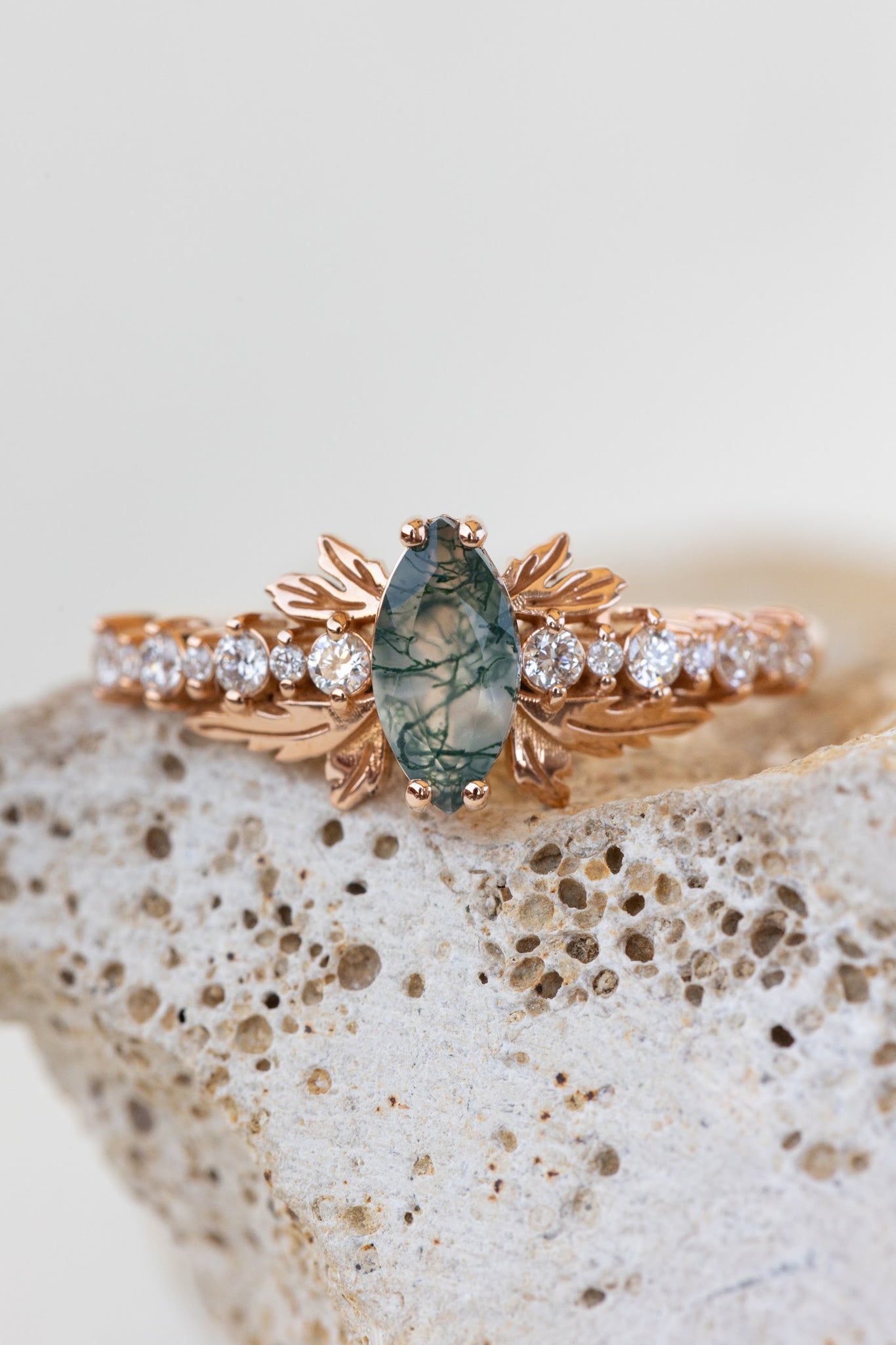 READY TO SHIP: Verbena ring in 14K or 18K rose gold, natural moss agate marquise cut 8x4 mm, accents lab grown diamonds, RING SIZE: 7 US