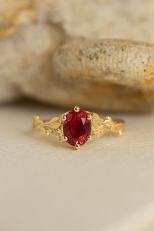 Freesia ring in 14K yellow gold, lab padparadscha sapphire,  8x6 mm oval cut - Eden Garden Jewelry™