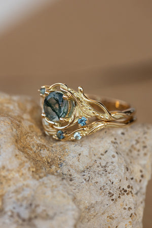 1 carat moss agate and accent teal sapphires engagement ring set, nature inspired bridal ring set / Undina - Eden Garden Jewelry™