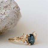 READY TO SHIP: Vineyard engagement ring in 14K yellow gold, oval moss agate, accents lab grown diamonds, RING SIZE: 5.5 - 8.5 US