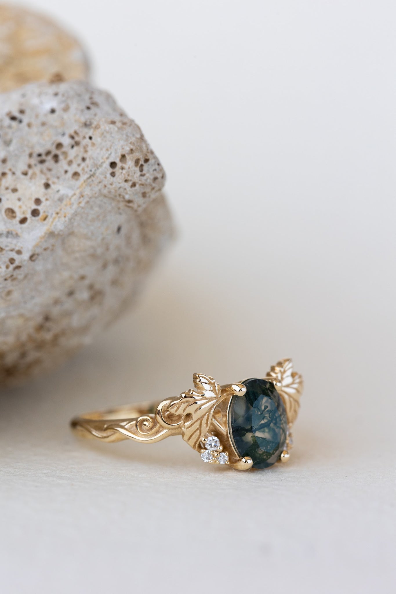 READY TO SHIP: Vineyard engagement ring in 14K yellow gold, oval moss agate, accents lab grown diamonds, RING SIZE: 7 US