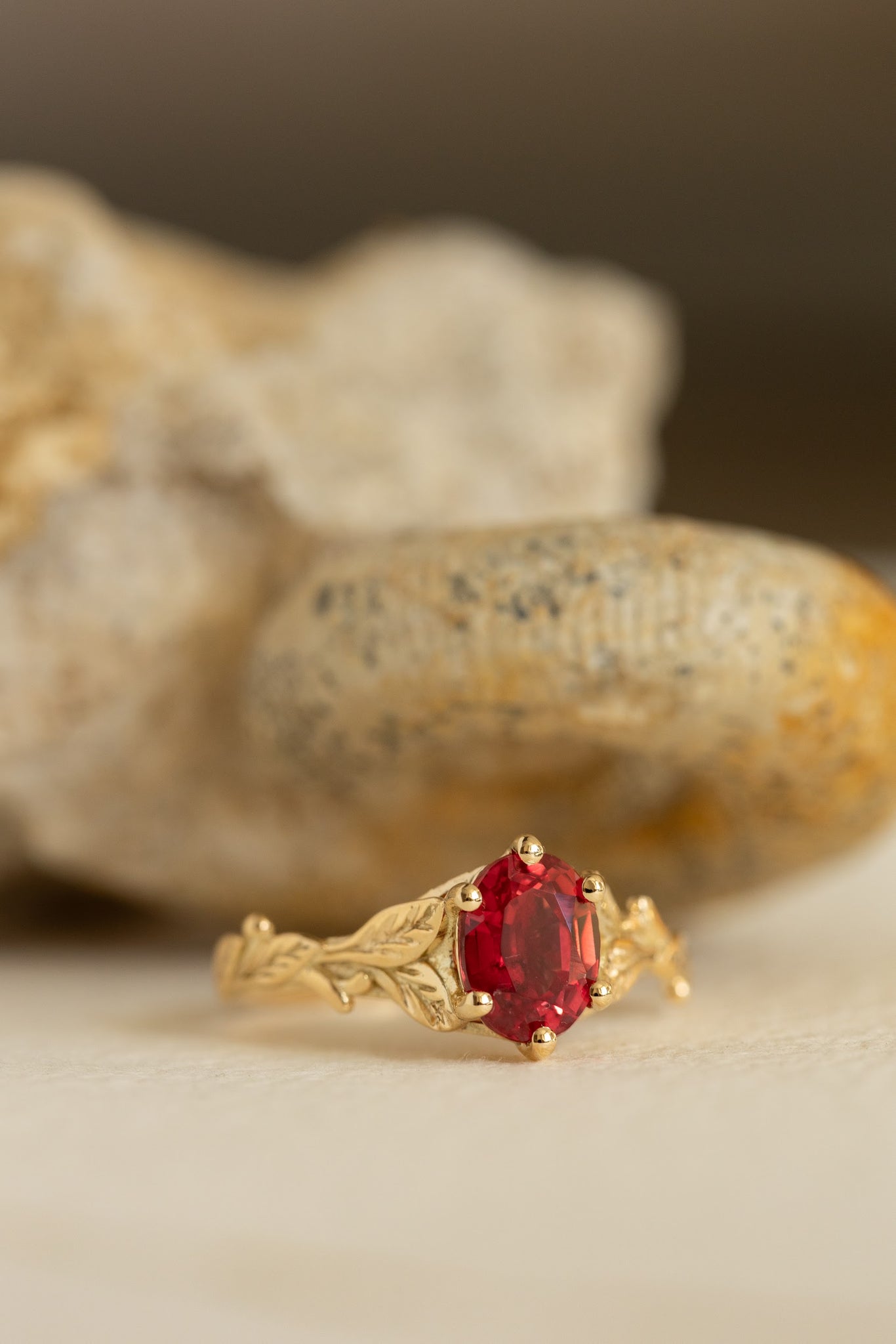 Freesia ring in 14K yellow gold, lab padparadscha sapphire,  8x6 mm oval cut - Eden Garden Jewelry™
