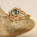 Gold bridal ring set with natural round moss agate and accent diamonds / Undina - Eden Garden Jewelry™