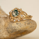 Gold bridal ring set with natural round moss agate and accent diamonds / Undina - Eden Garden Jewelry™