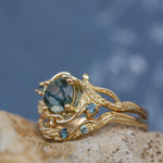 1 carat moss agate and accent teal sapphires engagement ring set, nature inspired bridal ring set / Undina - Eden Garden Jewelry™