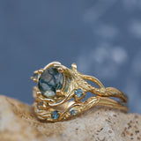 1 carat moss agate and accent teal sapphires engagement ring set, nature inspired bridal ring set / Undina - Eden Garden Jewelry™