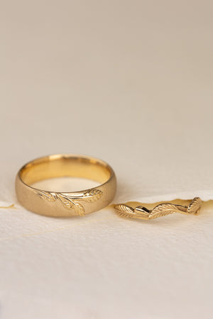 Wedding rings set for couples: satin band with branch for him, curved twig ring Azalea for her - Eden Garden Jewelry™