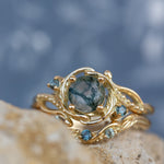 1 carat moss agate and accent teal sapphires engagement ring set, nature inspired bridal ring set / Undina - Eden Garden Jewelry™