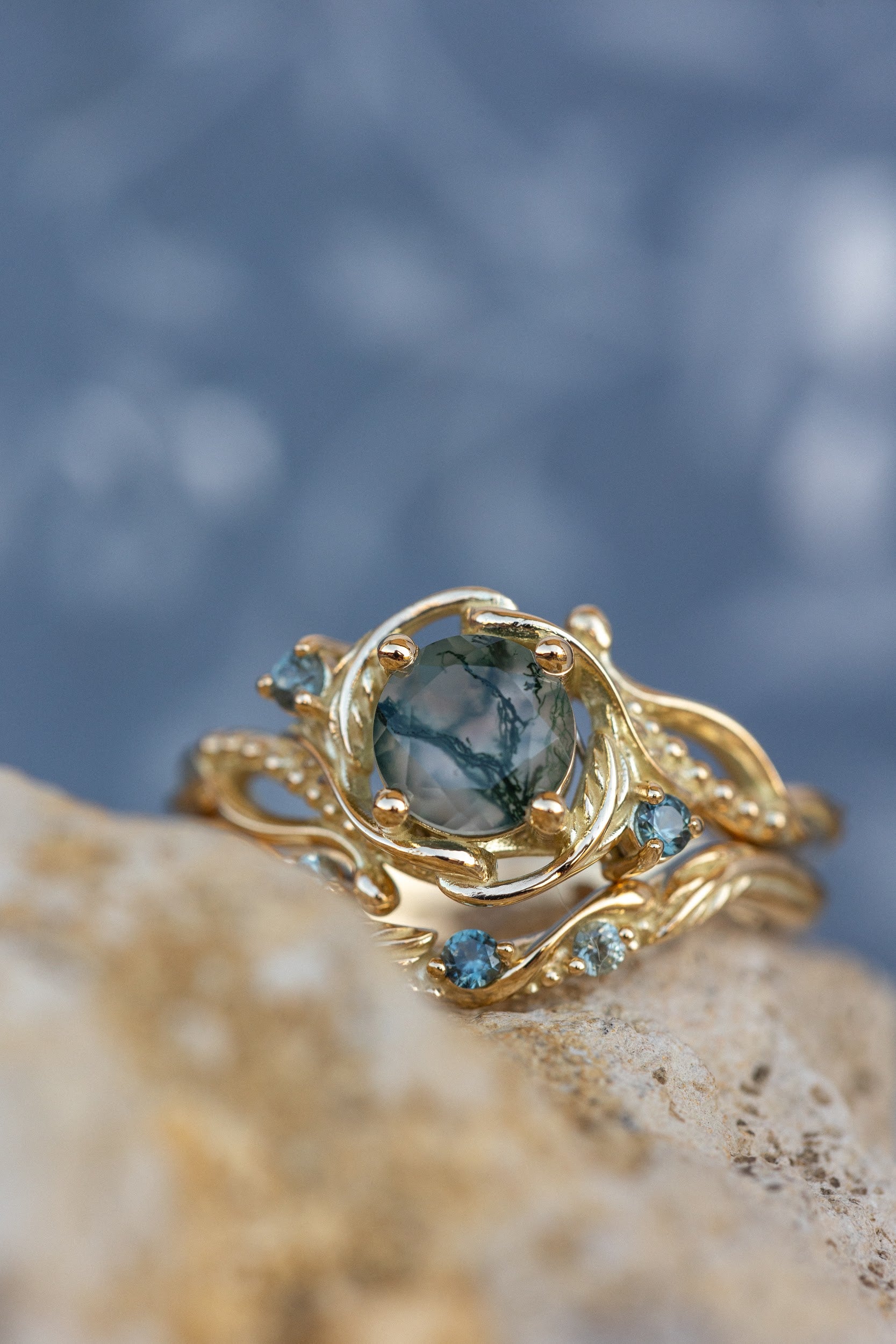 1 carat moss agate and accent teal sapphires engagement ring set, nature inspired bridal ring set / Undina - Eden Garden Jewelry™