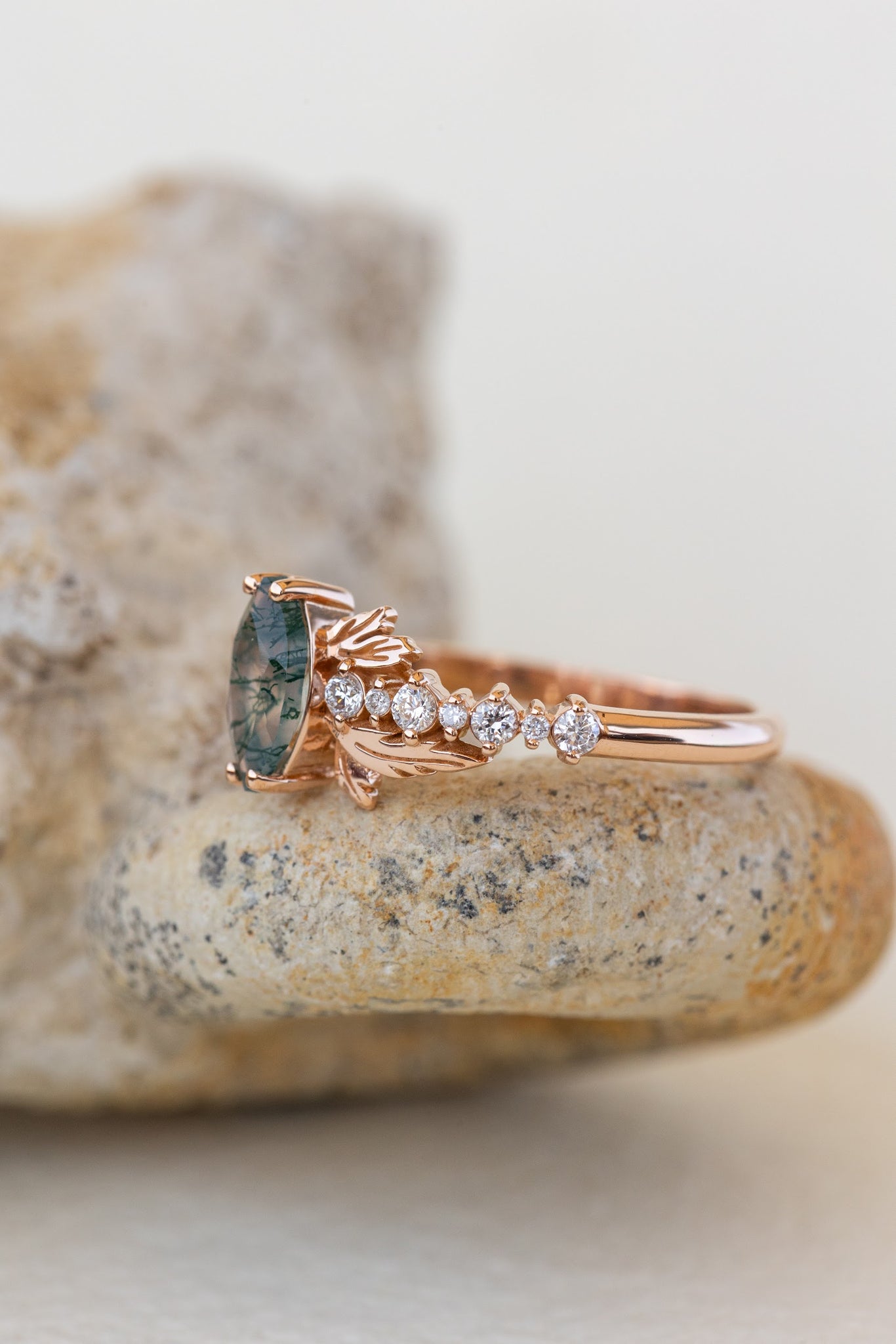 READY TO SHIP: Verbena ring in 14K or 18K rose gold, natural moss agate marquise cut 8x4 mm, accents lab grown diamonds, RING SIZE: 7 US