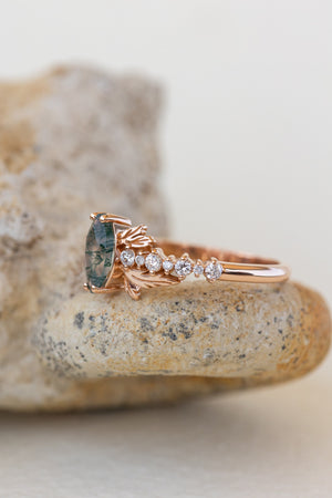 READY TO SHIP: Verbena ring in 14K or 18K rose gold, natural moss agate marquise cut 8x4 mm, accents lab grown diamonds, RING SIZE: 7 US