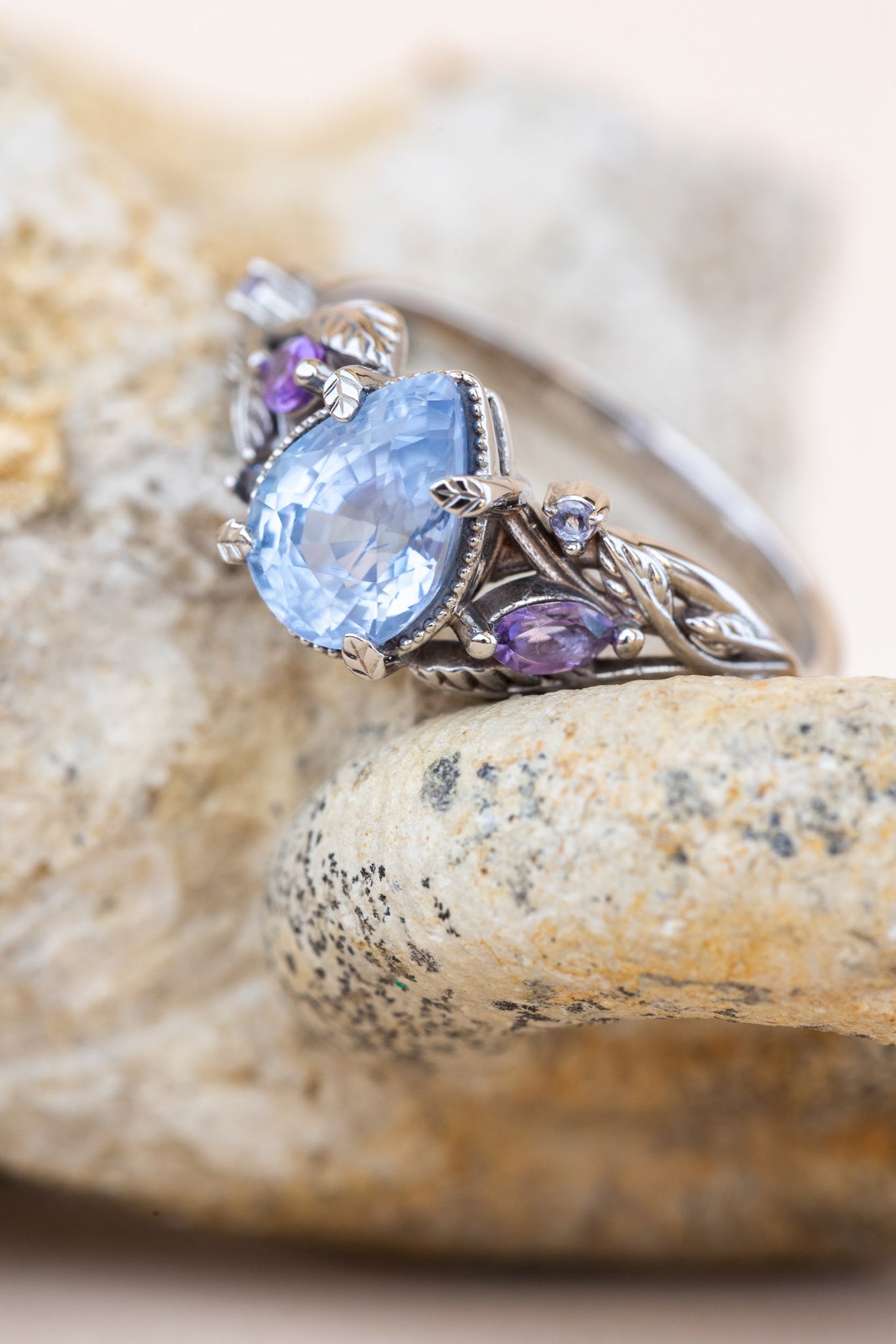 READY TO SHIP: Patricia ring in 14K white gold, natural sapphire pear cut 8x6 mm, accents amethysts and tanzanites, RING SIZE: 6 US