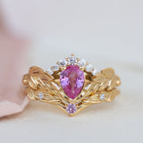 Genuine pink sapphire engagement ring set, gold palm leaves bridal ring set / Palmira Crown - Eden Garden Jewelry™