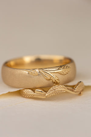 Wedding rings set for couples: satin band with branch for him, curved twig ring Azalea for her - Eden Garden Jewelry™