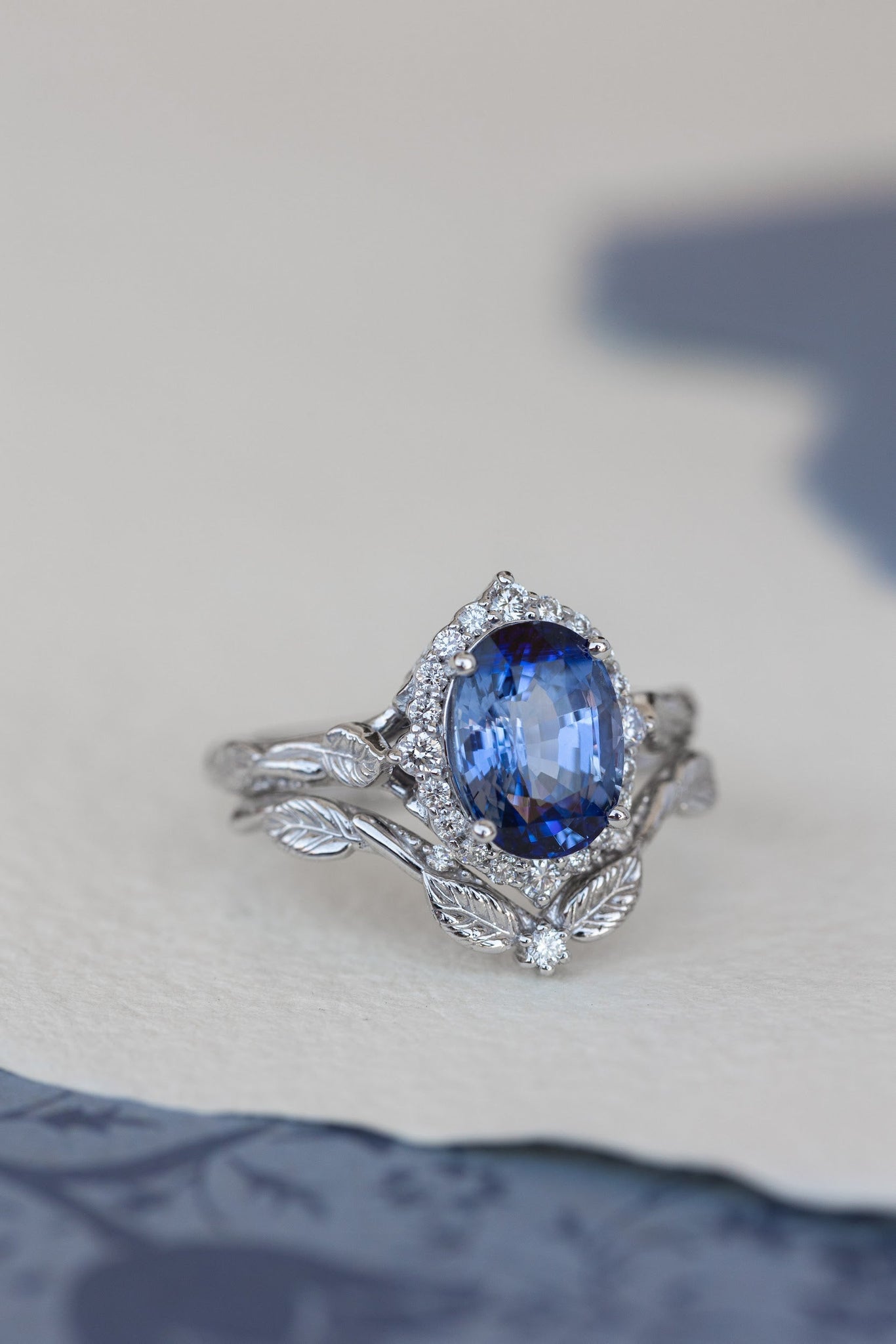 Violetish blue natural sapphire bridal ring set, gold engagement ring set with halo diamond / Florentina - Eden Garden Jewelry™