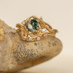 Gold bridal ring set with natural round moss agate and accent diamonds / Undina - Eden Garden Jewelry™