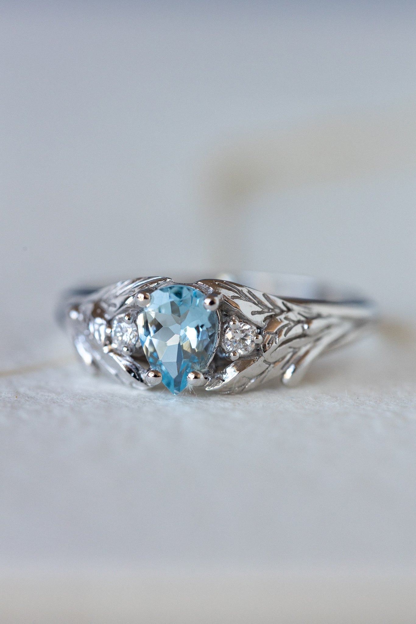 Natural aquamarine engagement ring, white gold leaf ring with accent diamonds / Wisteria - Eden Garden Jewelry™