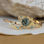 1 carat moss agate and accent teal sapphires engagement ring set, nature inspired bridal ring set / Undina - Eden Garden Jewelry™