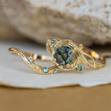 1 carat moss agate and accent teal sapphires engagement ring set, nature inspired bridal ring set / Undina - Eden Garden Jewelry™