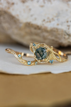 1 carat moss agate and accent teal sapphires engagement ring set, nature inspired bridal ring set / Undina - Eden Garden Jewelry™