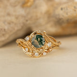 Gold bridal ring set with natural round moss agate and accent diamonds / Undina - Eden Garden Jewelry™