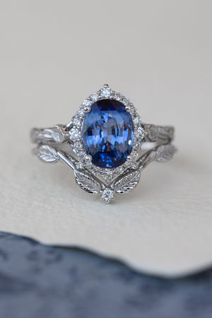 Violetish blue natural sapphire bridal ring set, gold engagement ring set with halo diamond / Florentina - Eden Garden Jewelry™