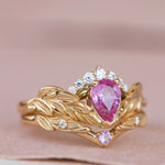 Genuine pink sapphire engagement ring set, gold palm leaves bridal ring set / Palmira Crown - Eden Garden Jewelry™