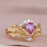 Genuine pink sapphire engagement ring set, gold palm leaves bridal ring set / Palmira Crown - Eden Garden Jewelry™