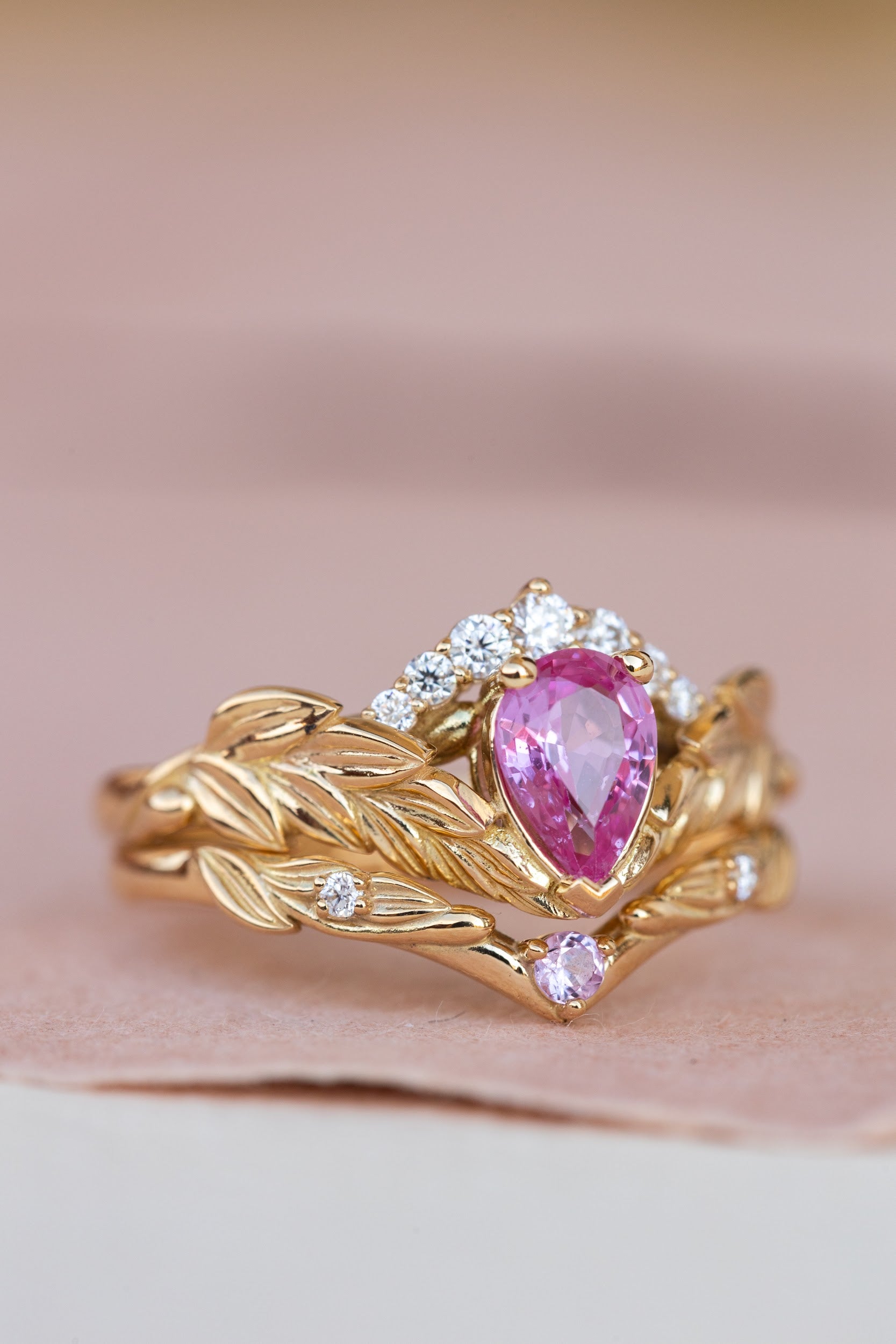 Genuine pink sapphire engagement ring set, gold palm leaves bridal ring set / Palmira Crown - Eden Garden Jewelry™