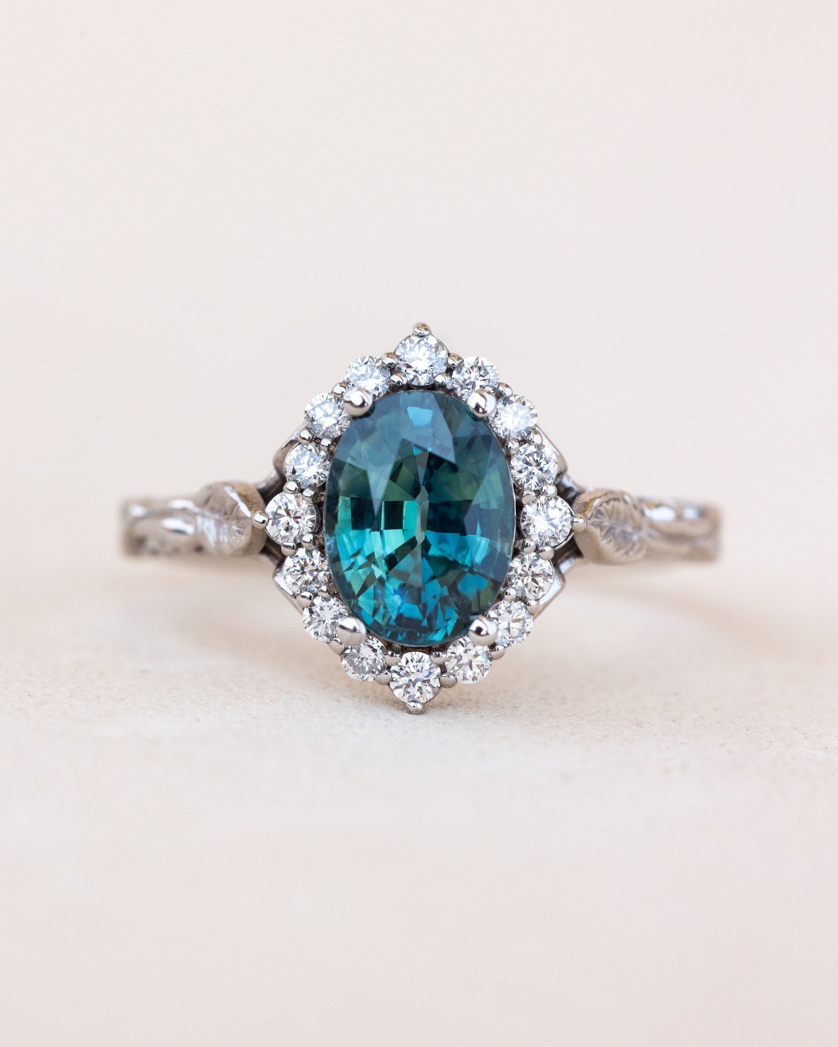 READY TO SHIP: Florentina ring in 14K white gold, natural teal sapphire oval cut 8x6 mm, accent lab grown diamonds, RING SIZE: 4.5 - 7.5 US - Eden Garden Jewelry™